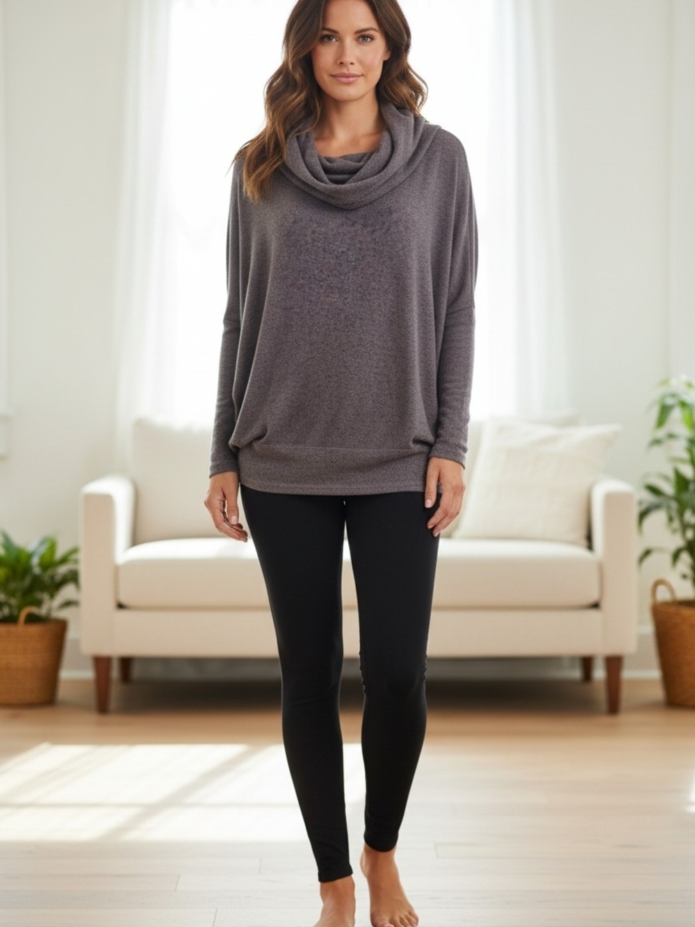 ENTI Cowl Neck Dolman Sleeve Sweater Top Gray Soft Knit